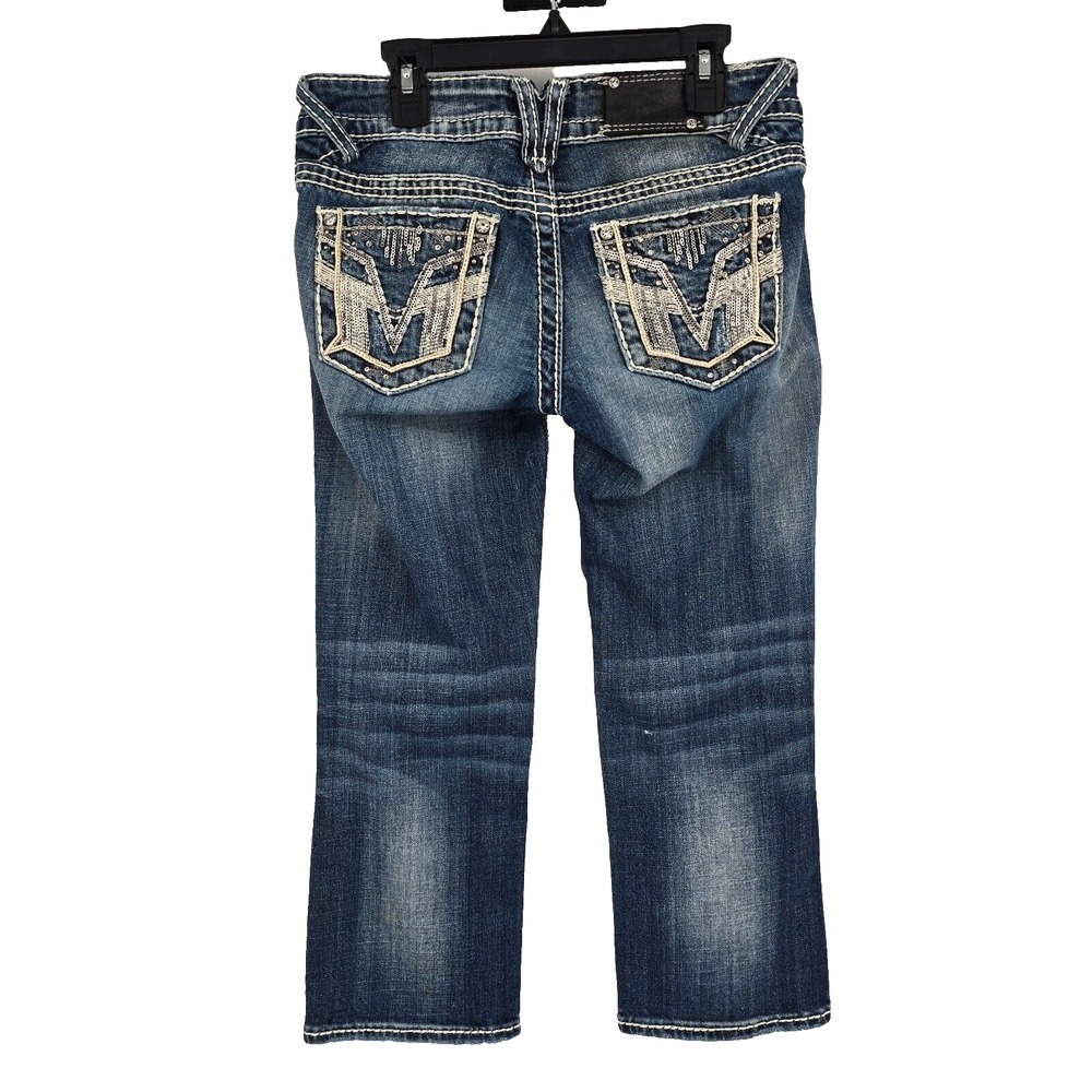 Vigoss New York Capri Stretch Denim Jeans 1/2 Bling Sequins Embroidered Distress